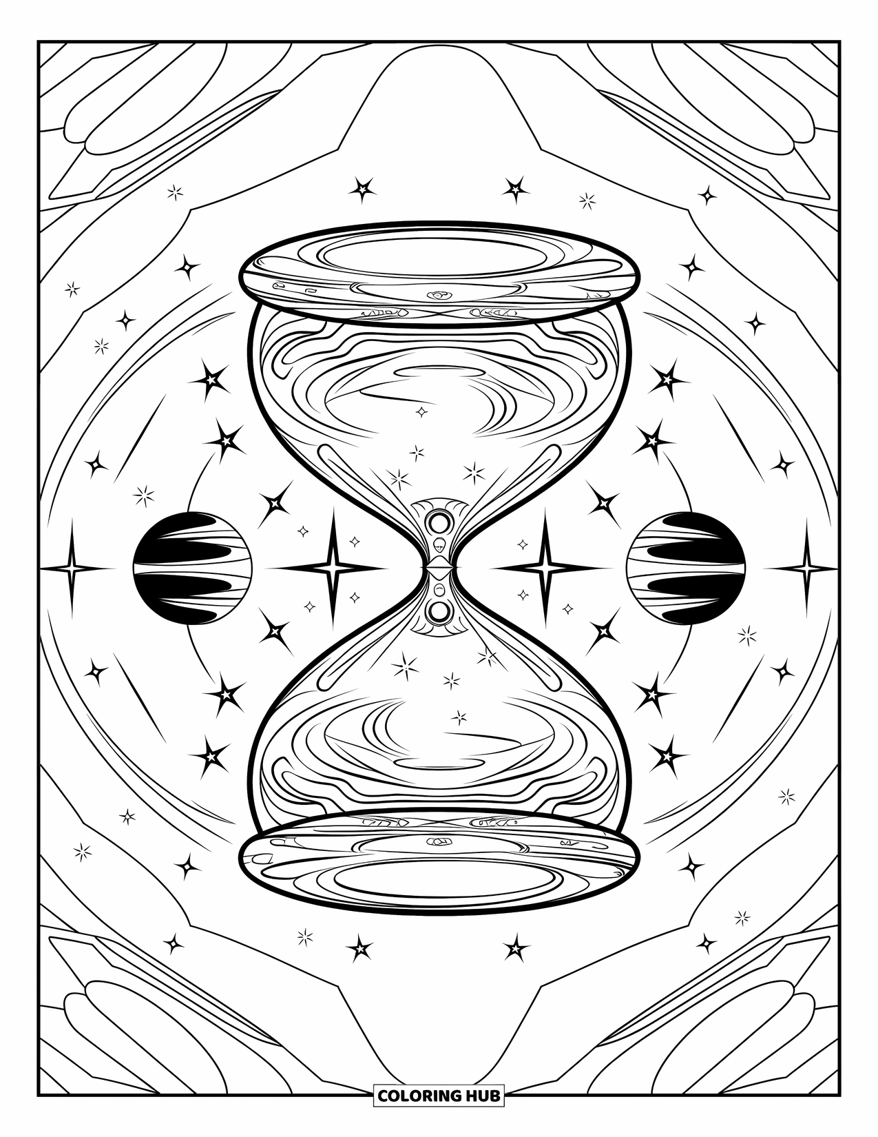 Galaxy Coloring Page for Adults: An hourglass nebula sits between mirrored planets in a calm, starry sky