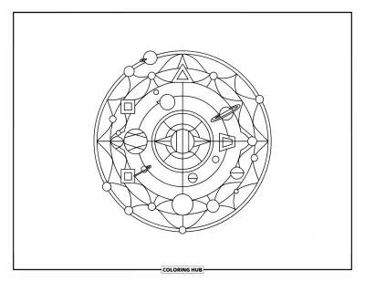 Galaxy Coloring Page for Adults: Geometric shapes and planets align neatly in a peaceful circular pattern