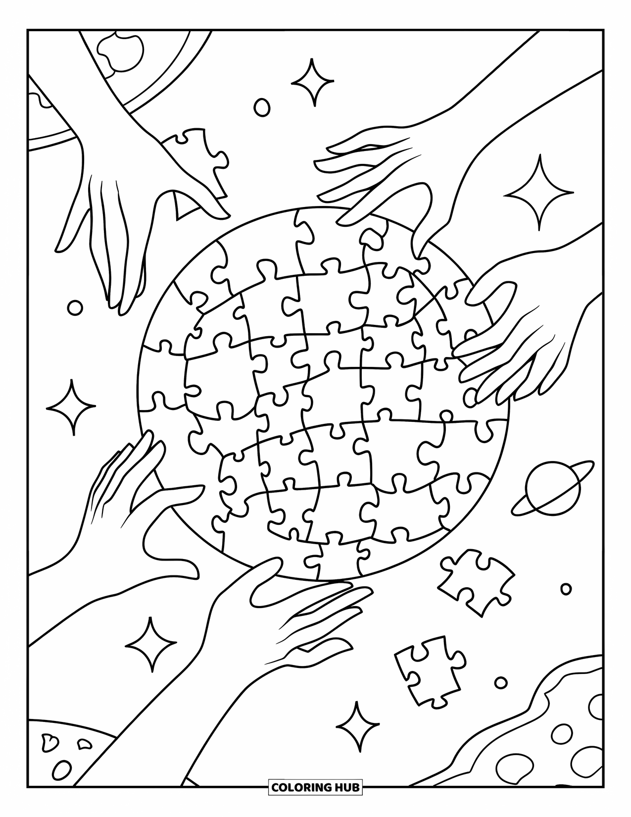 Galaxy Coloring Page for Adults: Puzzle pieces float in space as invisible hands build a galaxy