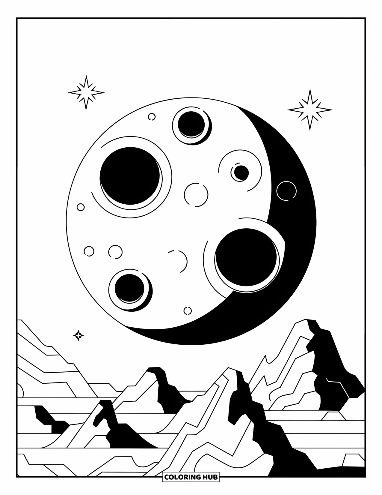 Galaxy Coloring Page for Kids: A cratered planet with sparkles rests quietly under a clean sky