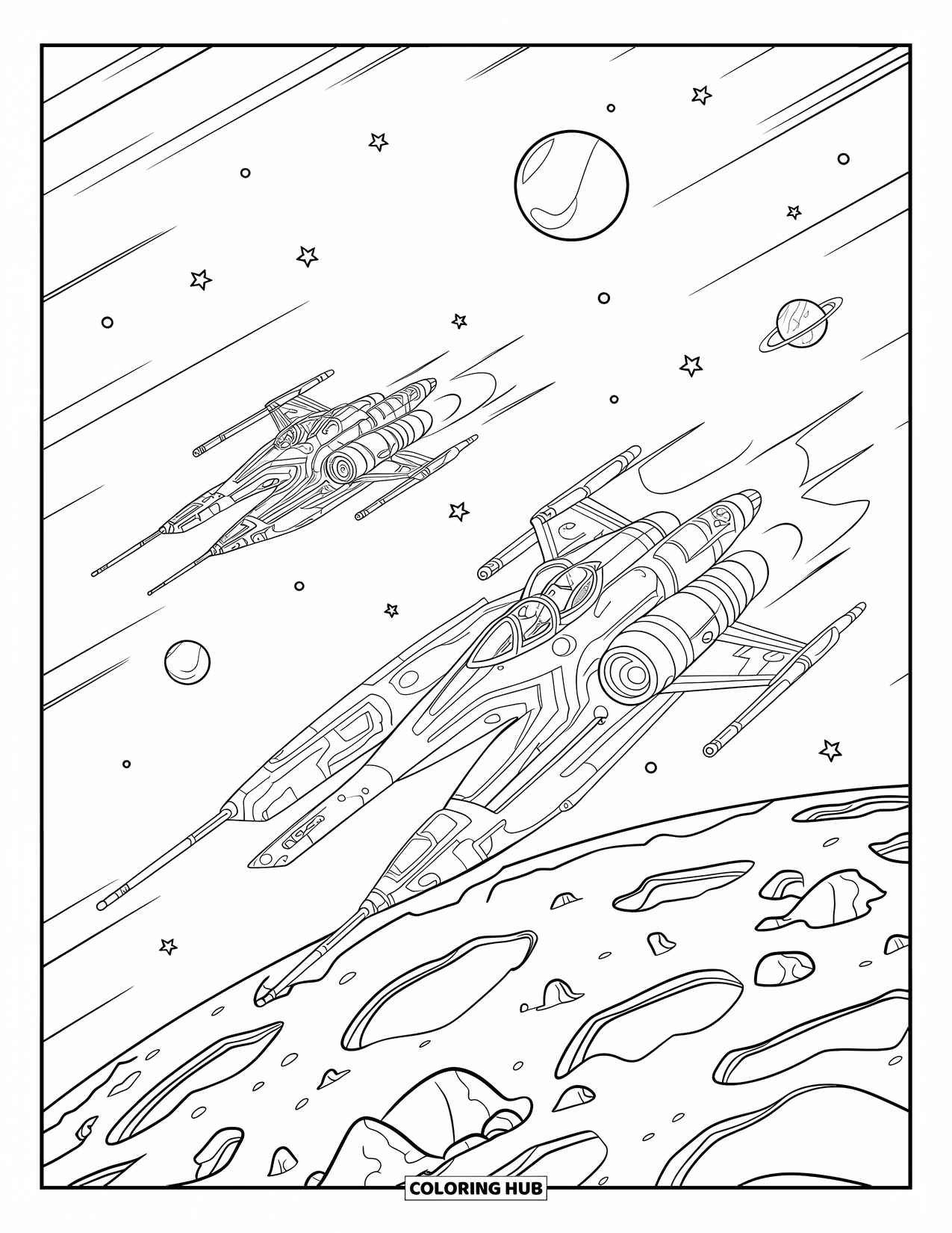 Galaxy Coloring Page for Kids: A dogfight unfolds above a rocky planet as two bold ships race through space