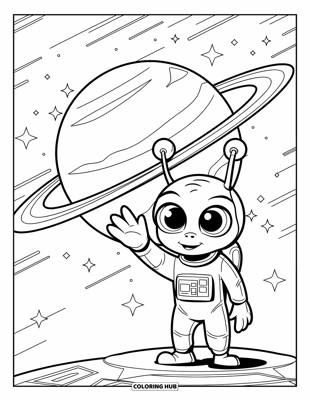 Galaxy Coloring Page for Kids: A friendly alien in a suit waves from a platform near a big ringed planet