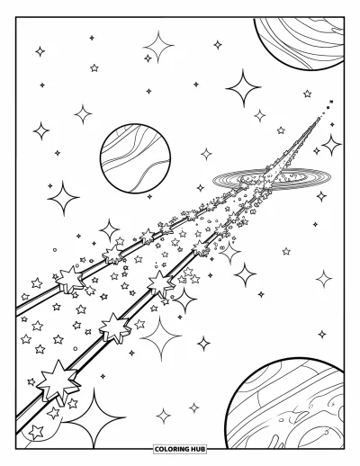 Galaxy Coloring Page for Kids: A glowing bridge of stars connects two planets floating far across space