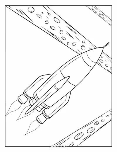 Galaxy Coloring Page for Kids: A rounded rocket with fins glides through an asteroid field in open space