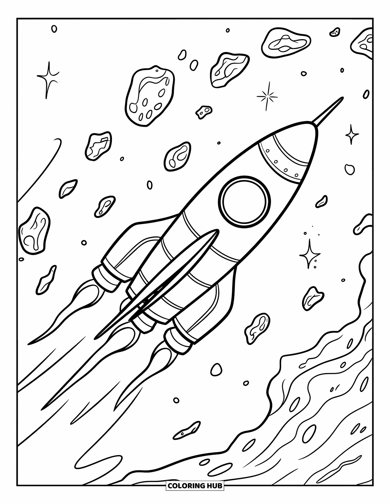 Galaxy Coloring Page for Kids: A sleek rocket flies past floating asteroids, leaving a smoky trail behind