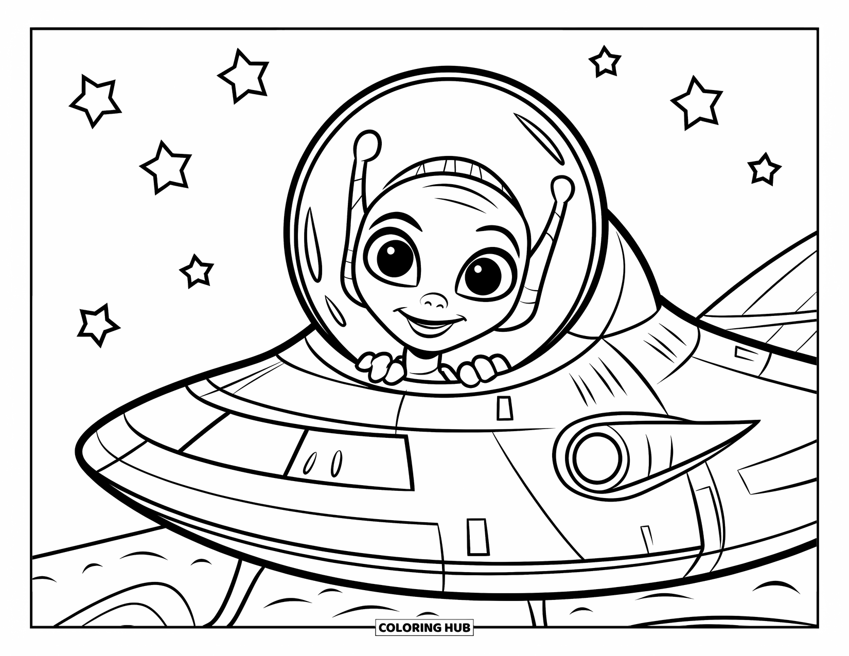 Galaxy Coloring Page for Kids: A smiling alien peeks from a spaceship window, parked on a rocky surface