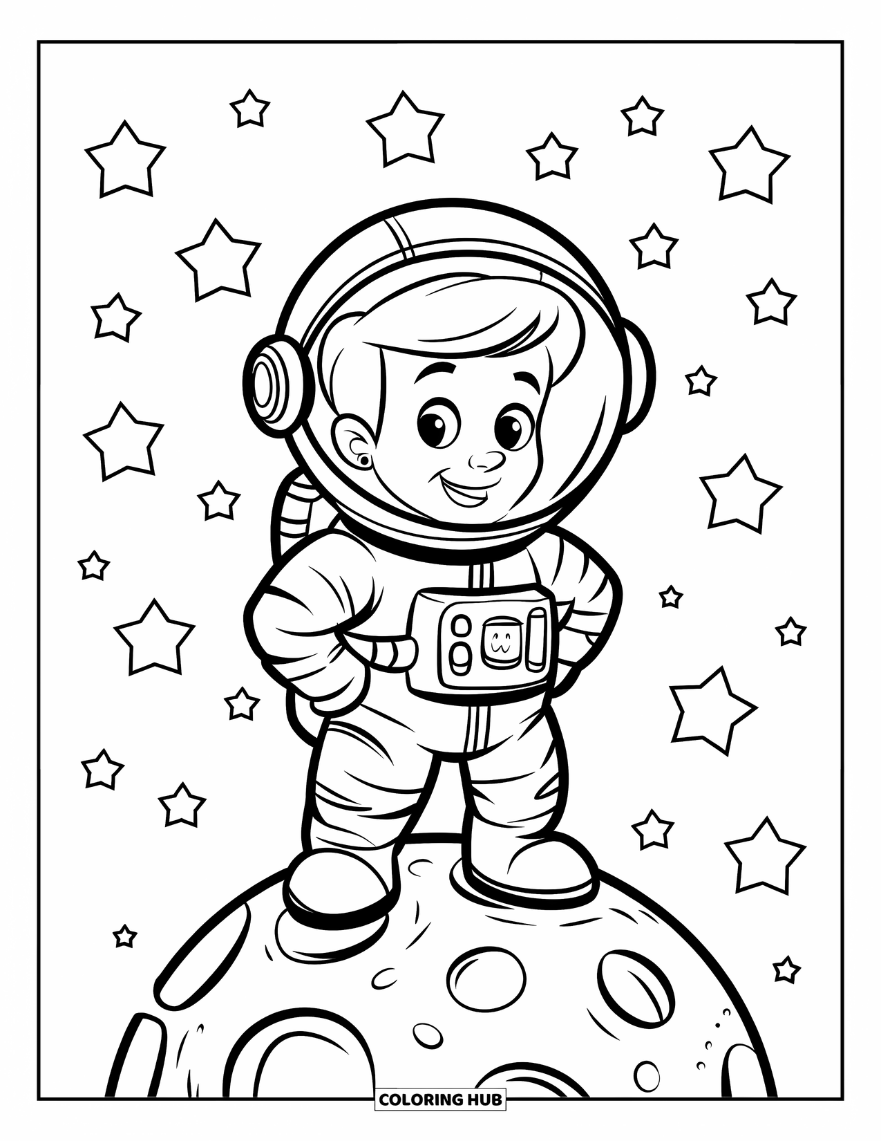 Galaxy Coloring Page for Kids: A smiling astronaut stands on a tiny moon with stars twinkling all around
