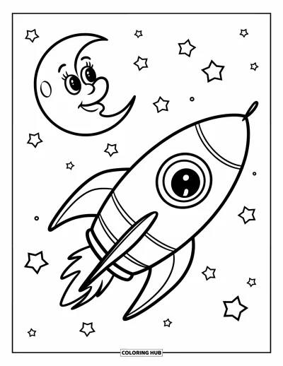 Galaxy Coloring Page for Kids: A smiling rocket passes a cheerful moon under a sky full of little stars