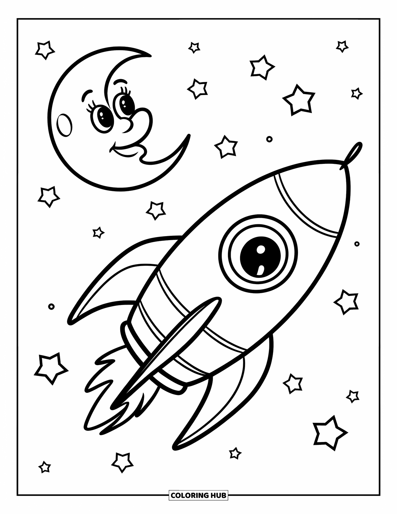 Galaxy Coloring Page for Kids: A smiling rocket passes a cheerful moon under a sky full of little stars