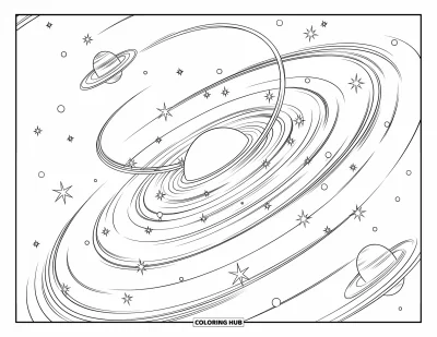 Galaxy Coloring Page for Kids: A spiral galaxy spins gently with stars and satellites orbiting around it