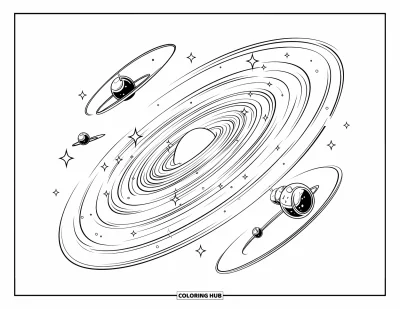 Galaxy Coloring Page for Kids: A swirling galaxy with orbiting satellites forms a peaceful spiral in deep space