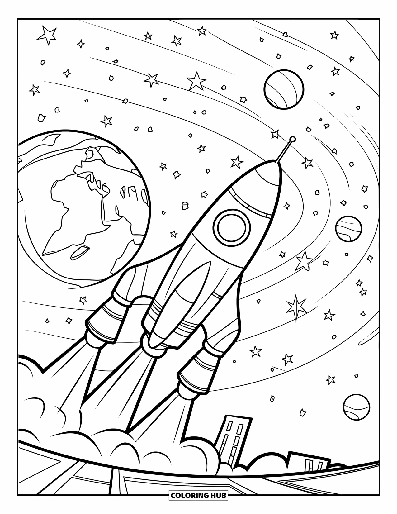 Galaxy Coloring Page for Kids: A tall rocket lifts off a launch pad as Earth and the galaxy stretch behind