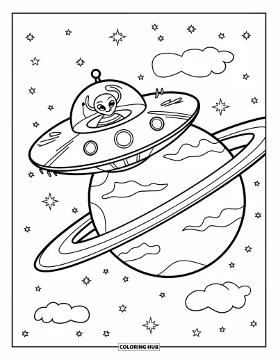 Galaxy Coloring Page for Kids: A UFO with a smiling alien hovers near a ringed planet and drifting clouds
