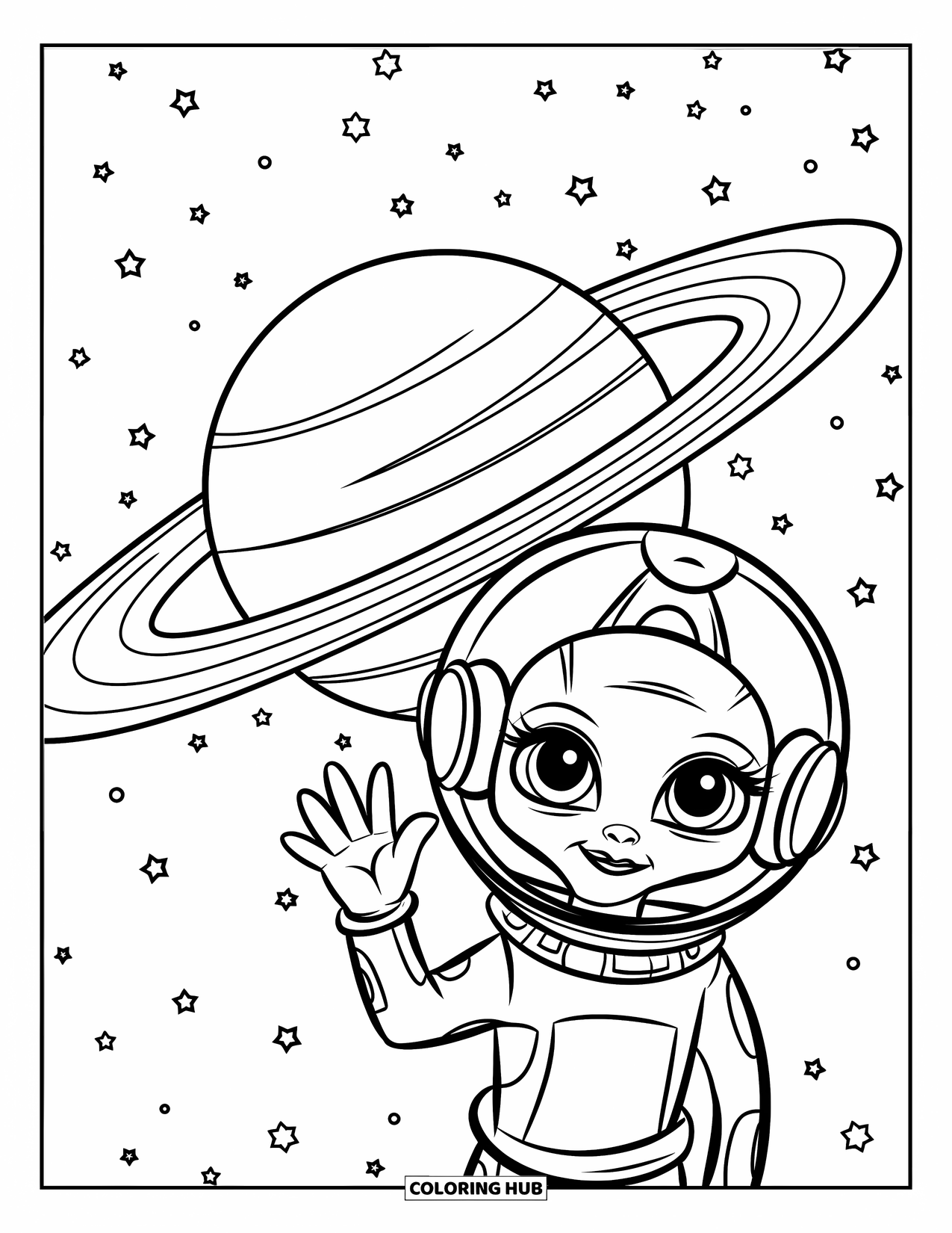Galaxy Coloring Page for Kids: An adorable alien waves beside a ringed planet under a starry sky