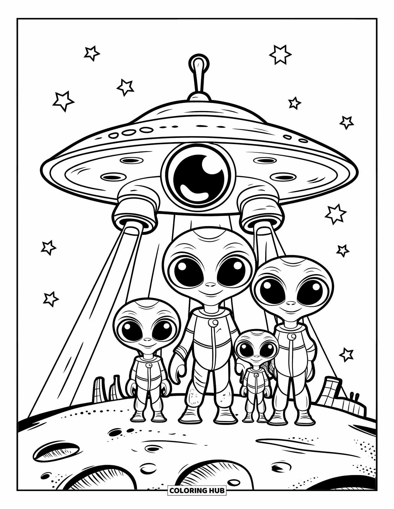 Galaxy Coloring Page for Kids: An alien family stands near their saucer on a moon full of craters and stars