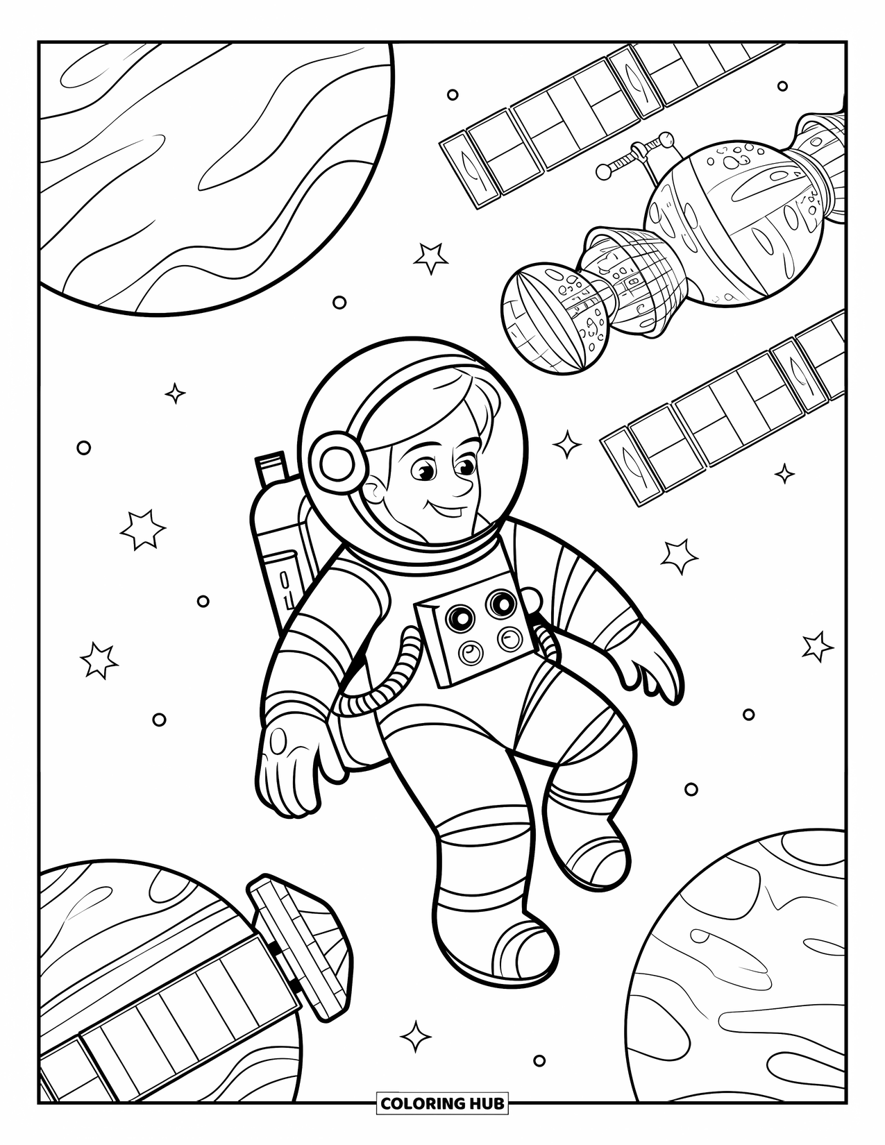 Galaxy Coloring Page for Kids: An astronaut floats calmly as planets and a space station drift behind