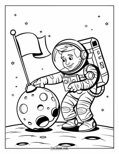 Galaxy Coloring Page for Kids: An astronaut happily plants a flag on a small moon surrounded by stars
