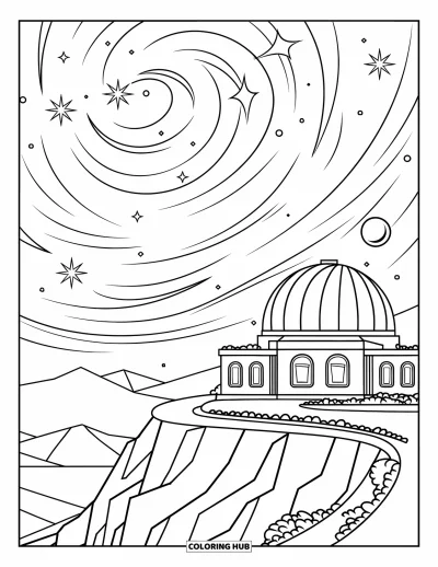Galaxy Coloring Page for Kids: An observatory sits on a cliff beneath a sky full of swirling stars