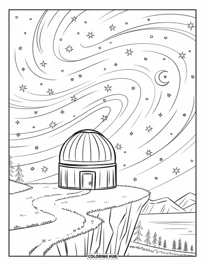 Galaxy Coloring Page for Kids: An observatory stands on a cliff with a winding path and a swirling night sky