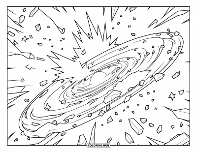 Galaxy Coloring Page for Kids: Galaxies collide as stars and debris scatter across a cosmic swirl
