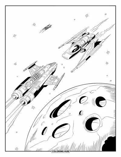 Galaxy Coloring Page for Kids: Spaceships clash in space, one trailing smoke above a cratered planet