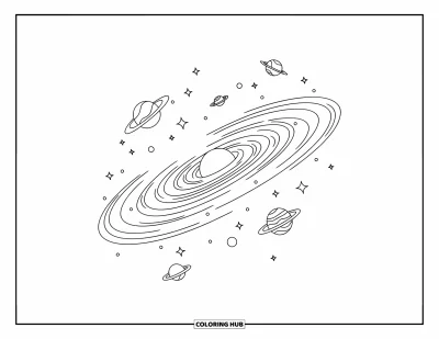 Galaxy Coloring Page for Kids: Spiral arms swirl as little planets orbit a bright galaxy center