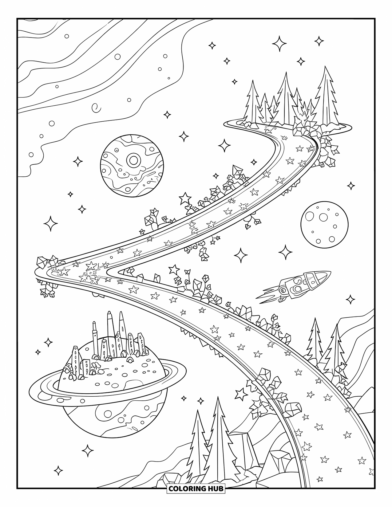 Galaxy Coloring Page for Kids: Stars form a long bridge between planets, one with a city and one with a forest