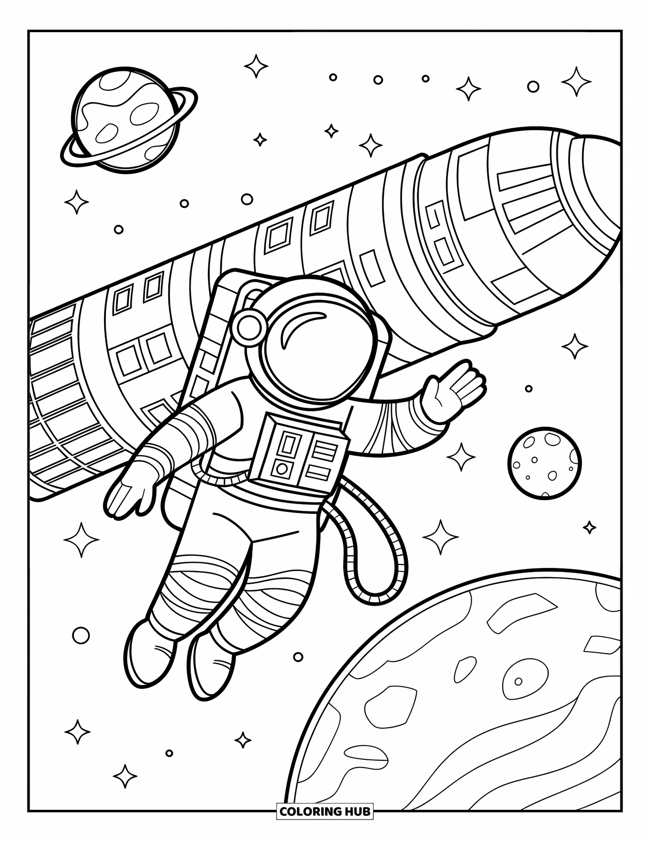 Galaxy Coloring Page for Kids: Tethered to a space station, an astronaut drifts among stars and distant planets