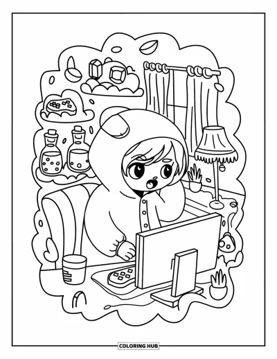 Gaming Coloring Page for Adults: Adorable chibi adjusting screen with soft shelves, plants, and cozy room elements