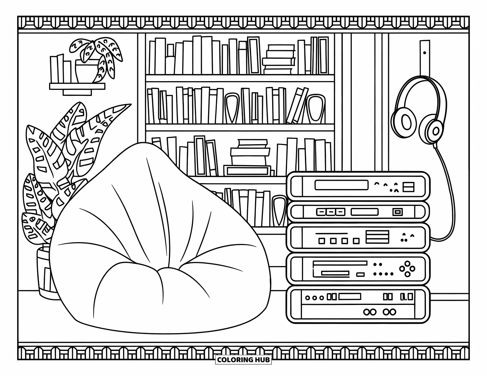 Gaming Coloring Page for Adults: Beanbag lounge with console shelf, books, potted plant, and hanging headphones