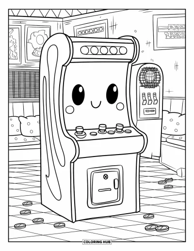 Gaming Coloring Page for Adults: Charming arcade cabinet with cute face, surrounded by vintage posters and scattered tokens