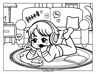 Gaming Coloring Page for Adults: Chibi character with headset chatting playfully on the floor, surrounded by fun gaming doodles