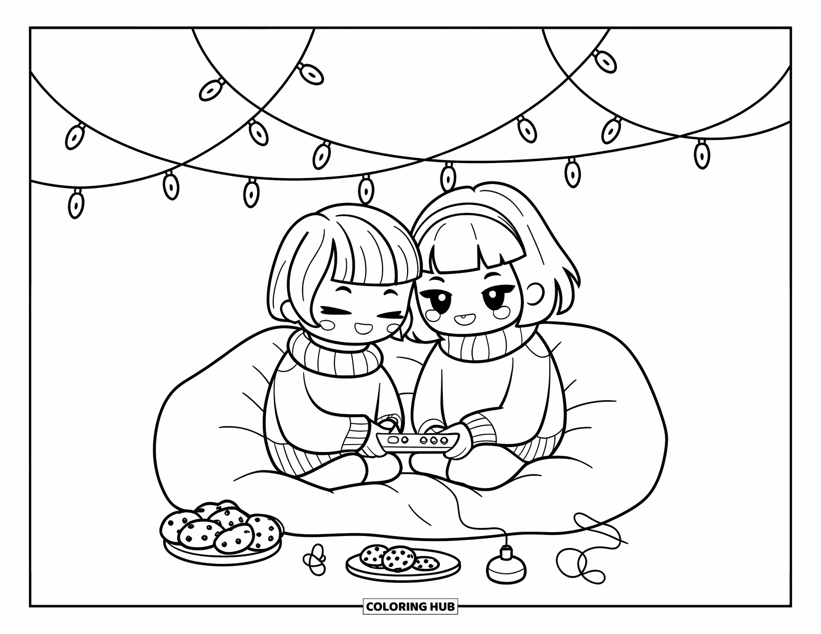 Gaming Coloring Page for Adults: Chibi friends gaming on a beanbag under string lights with cookies close by