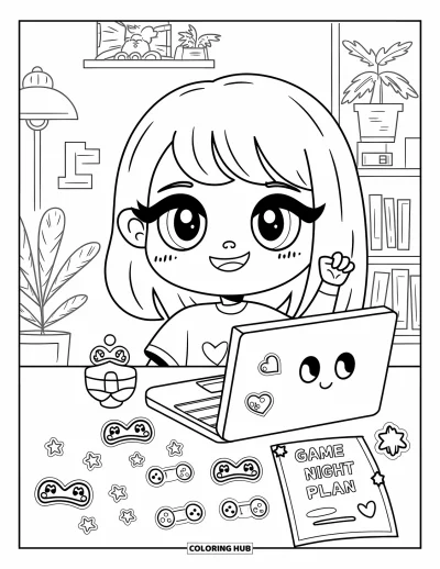 Gaming Coloring Page for Adults: Chibi girl cheerfully decorating her desk with cute figures and planning game night
