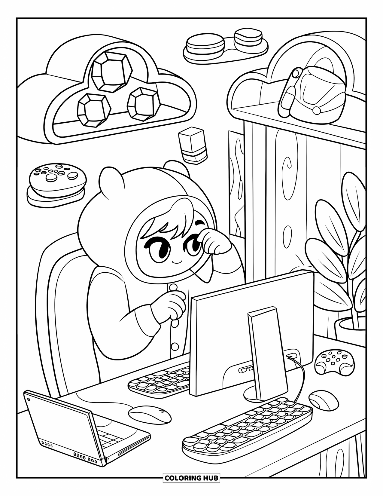 Gaming Coloring Page for Adults: Chibi in onesie fixing monitor with pixel gems and potions on shelves nearby