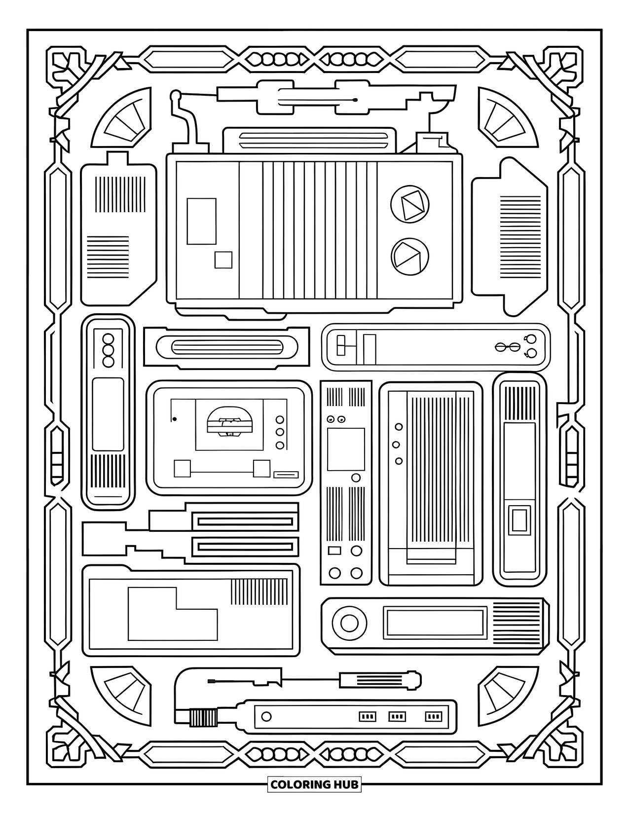 Gaming Coloring Page for Adults: Classic gaming grid with detailed outlines of consoles and wired gear