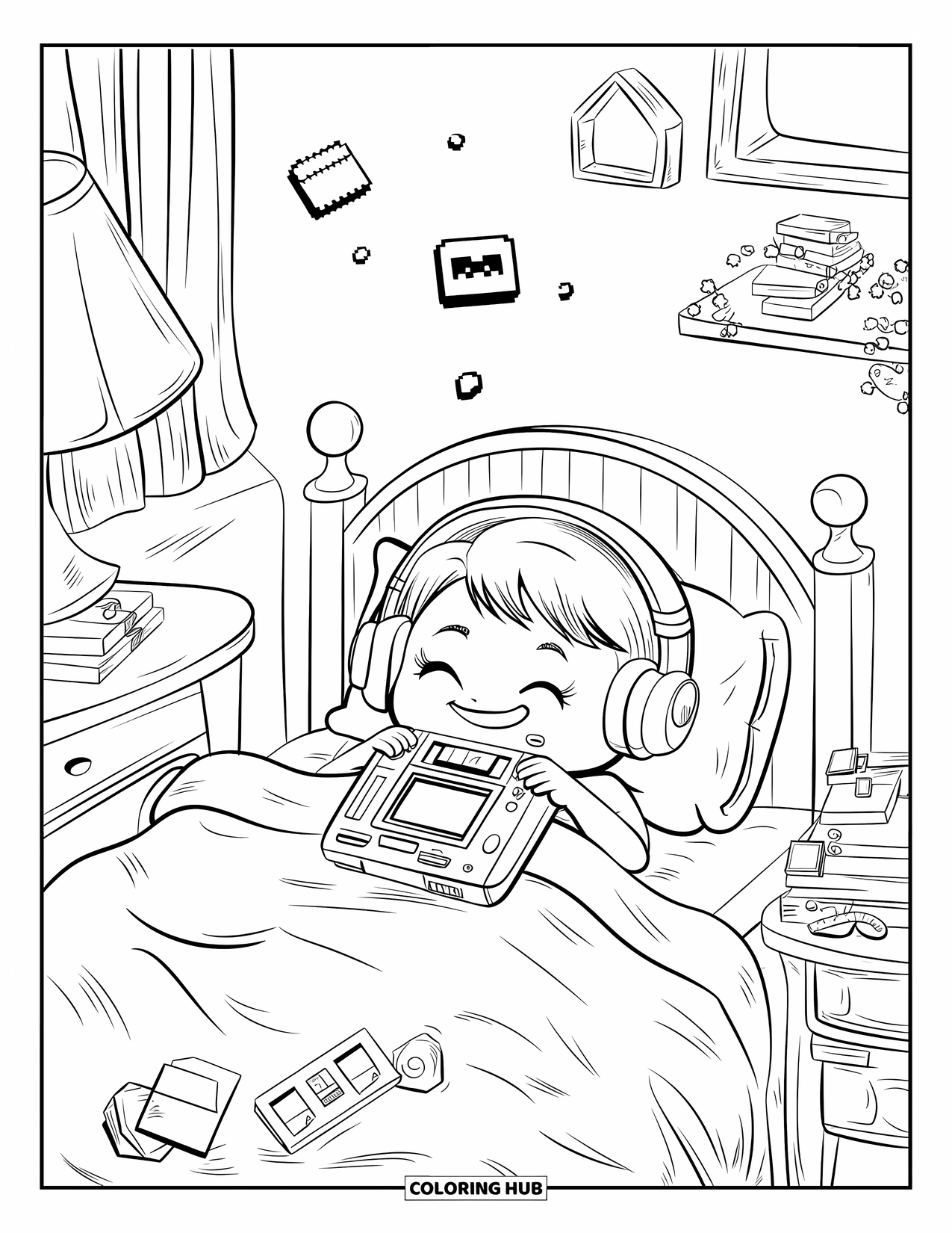 Gaming Coloring Page for Adults: Cozy chibi child in bed with slipping headphones and tiny pixel dreams overhead