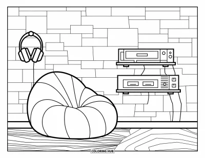 Gaming Coloring Page for Adults: Cozy gaming lounge with beanbag, console shelf, and headphones hanging nearby