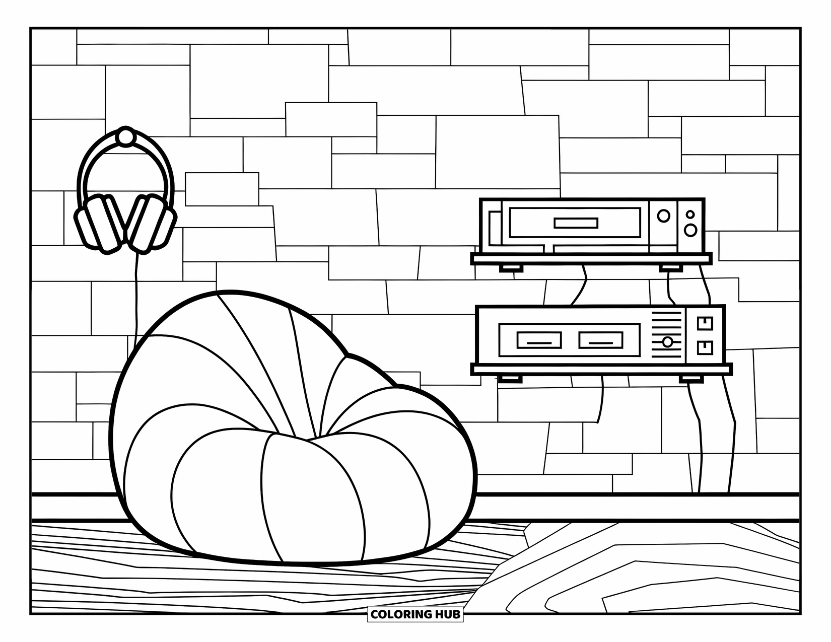 Gaming Coloring Page for Adults: Cozy gaming lounge with beanbag, console shelf, and headphones hanging nearby