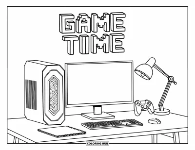 Gaming Coloring Page for Adults: Desk setup with a PC, gamepad, planner, and "Game Time" text in pixel style