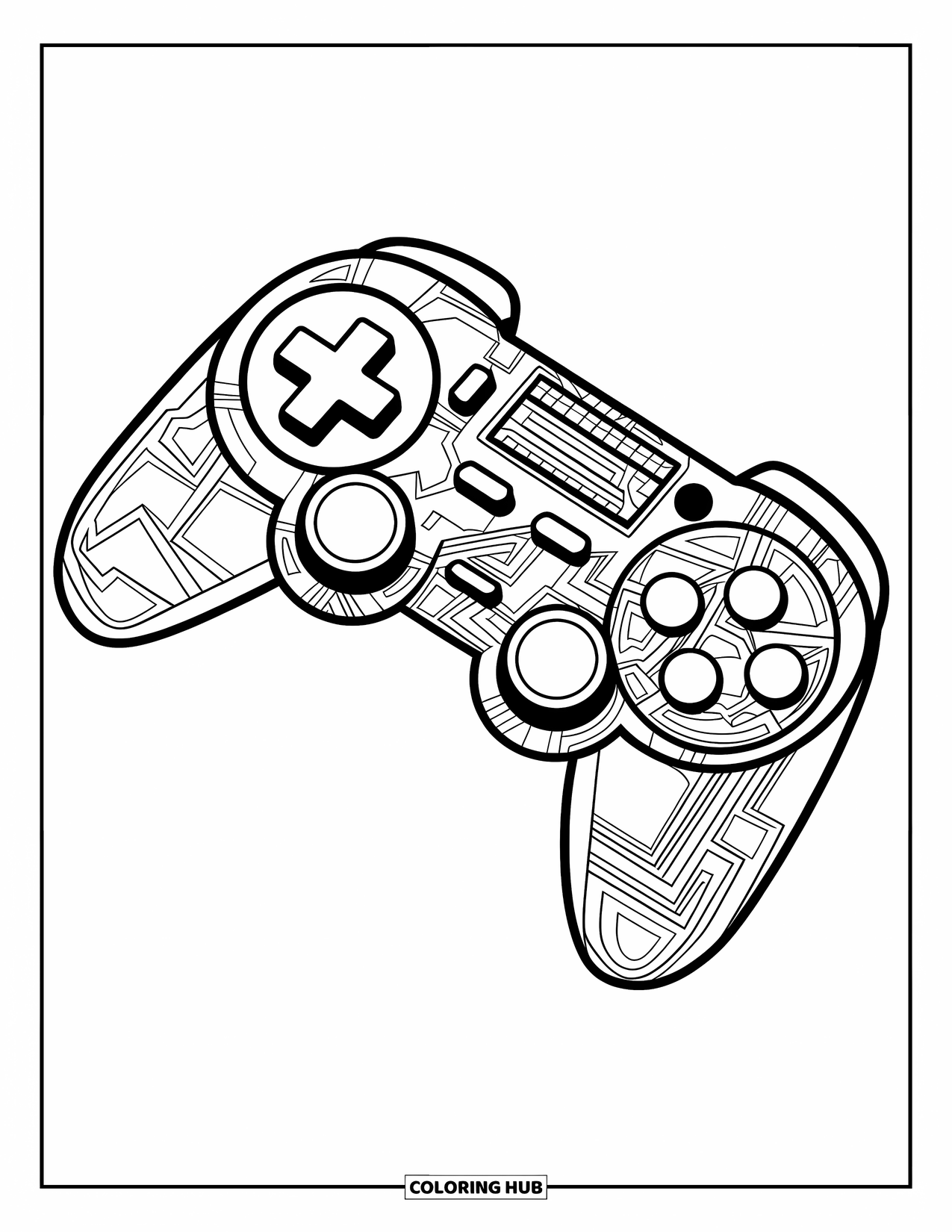 Gaming Coloring Page for Adults: Exploded game controller showing buttons, circuits, and separate shell pieces