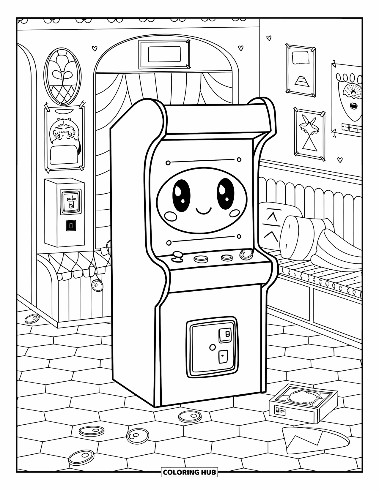 Gaming Coloring Page for Adults: Friendly-faced arcade cabinet in a retro room with posters, quarters, and prize dispenser