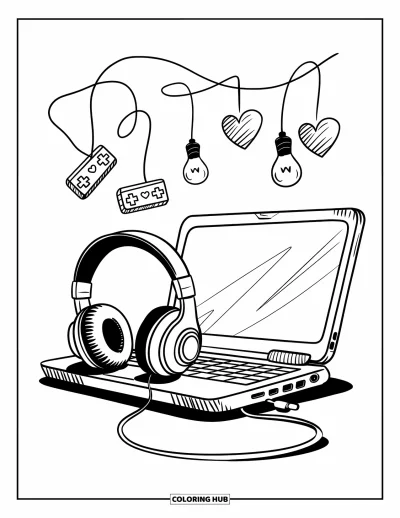Gaming Coloring Page for Adults: Gaming laptop with headphones and doodle icons of hearts, joysticks, and light bulbs above