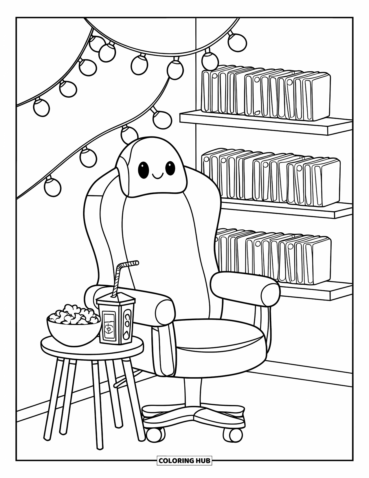 Gaming Coloring Page for Adults: Gaming nook with a plush chair, snacks, fairy lights, and neatly arranged game cases