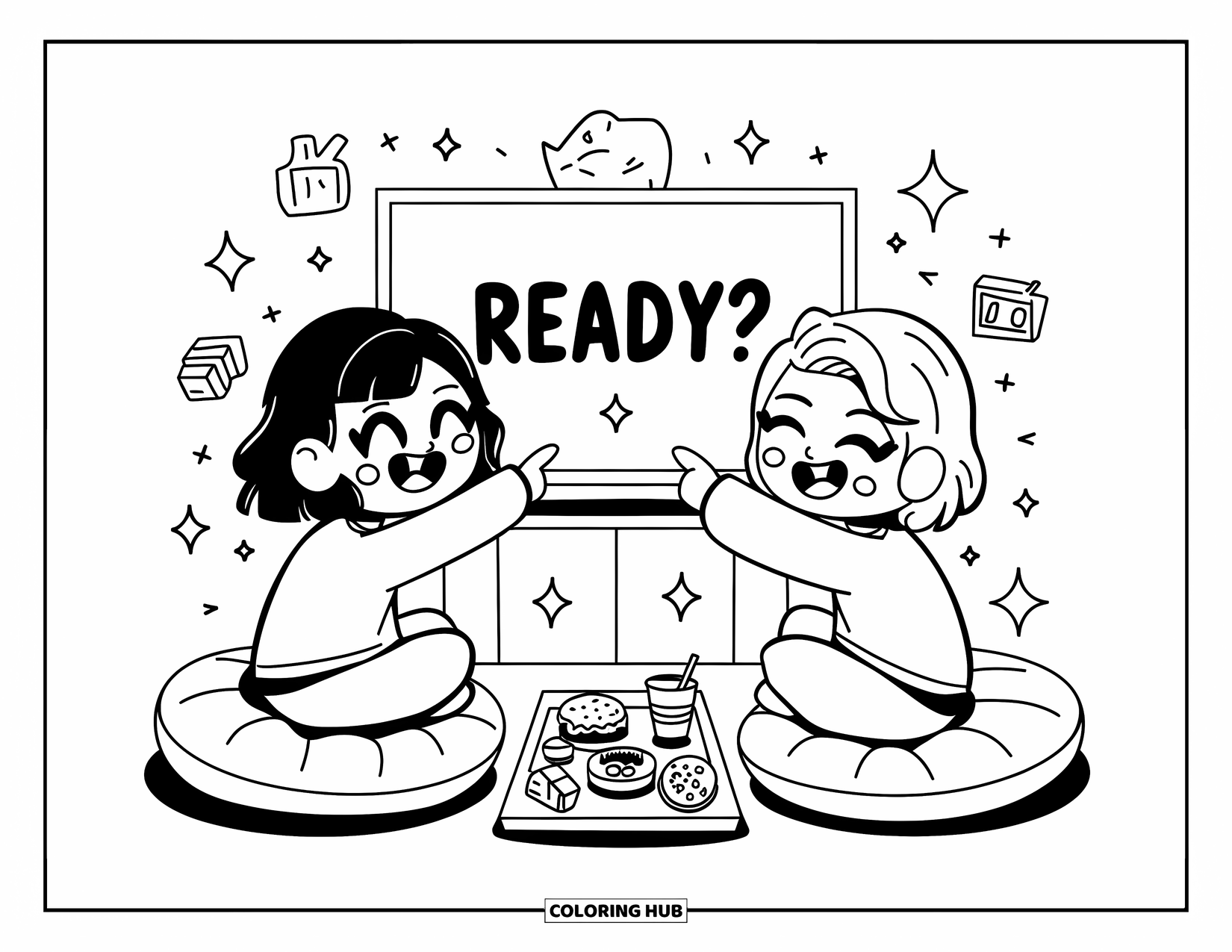 Gaming Coloring Page for Adults: Joyful chibi duo gaming on the floor with snacks, sparkles, and a fun TV screen