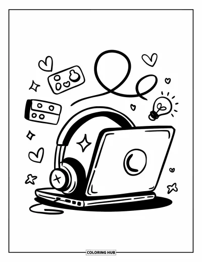Gaming Coloring Page for Adults: Laptop with headset and doodled joysticks, hearts, and light bulbs overhead