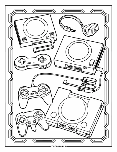 Gaming Coloring Page for Adults: Layered outlines of retro consoles and gear with decorative frame around the grid