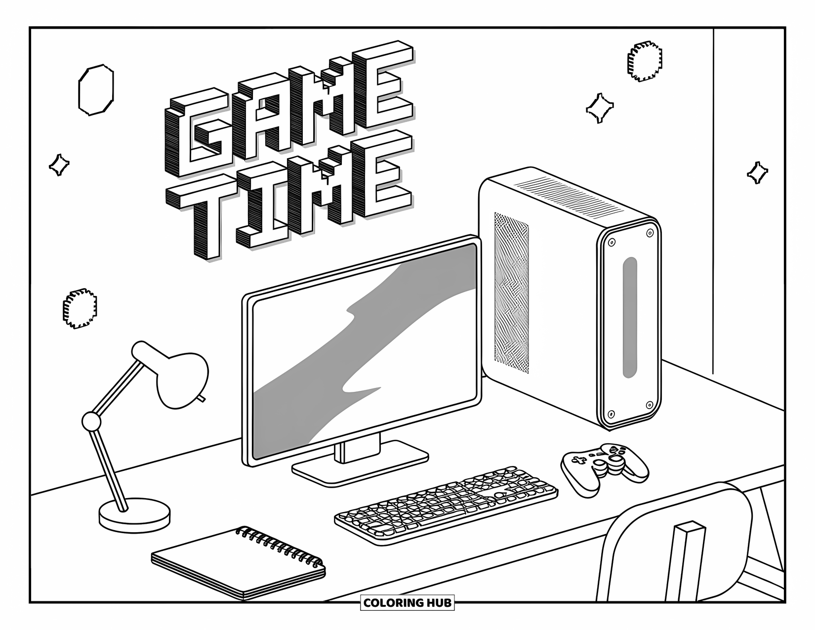 Gaming Coloring Page for Adults: Neat gaming desk with PC tower, planner, and pixel-style "Game Time" above