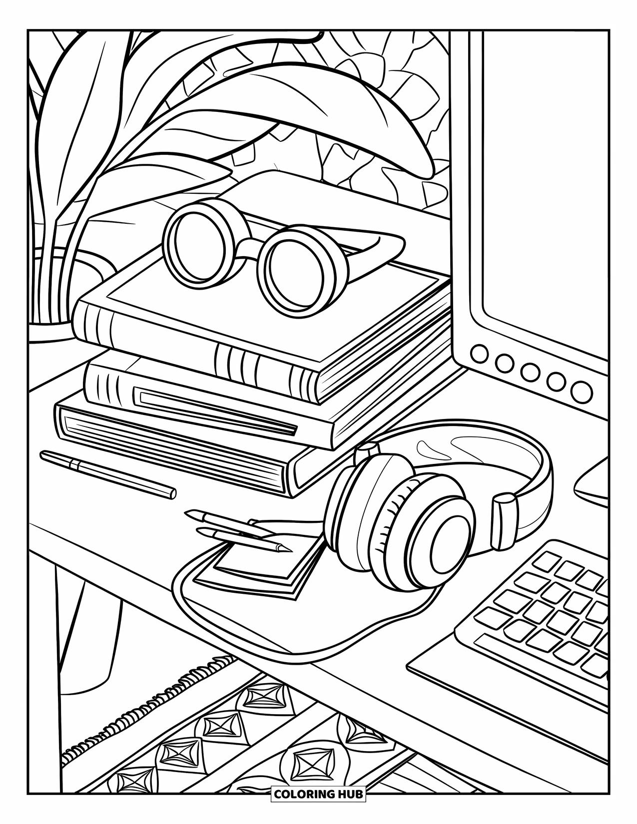 Gaming Coloring Page for Adults: Nightstand scene with books, headphones, glasses, paused screen, and potted plant