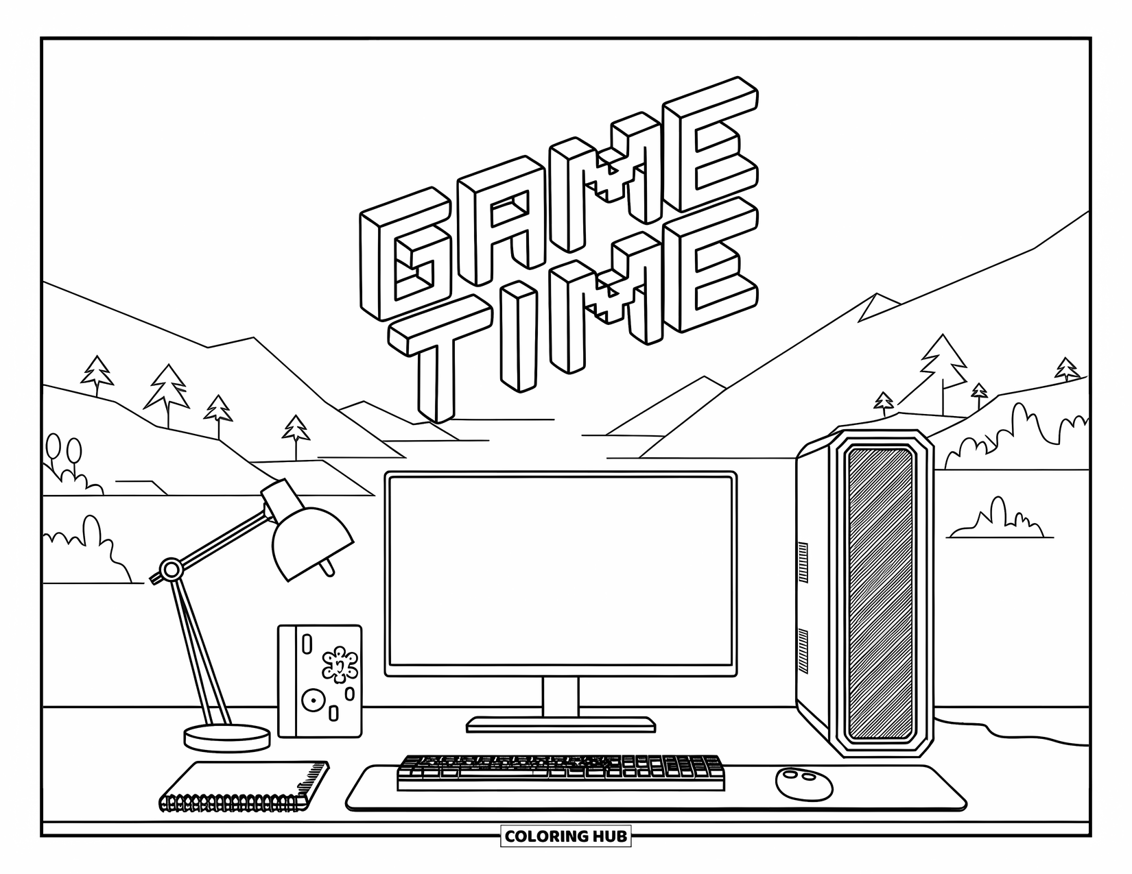 Gaming Coloring Page for Adults: Organized desk with PC, gamepad, lamp, and pixel-style "Game Time" above serene landscape